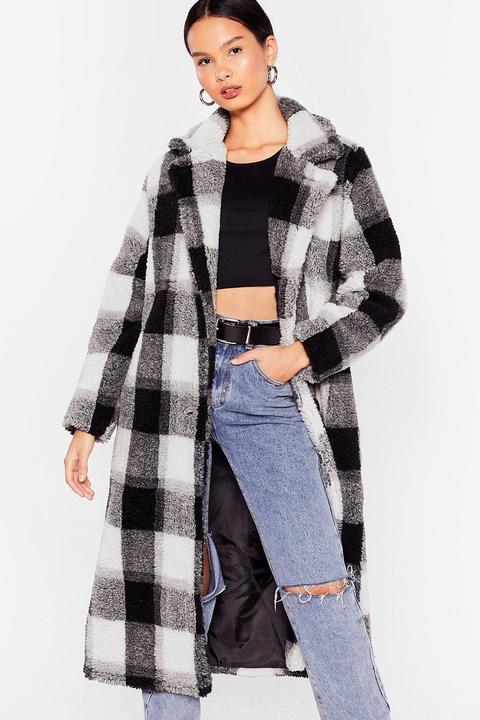 Womens Check Faux Fur Longline Coat