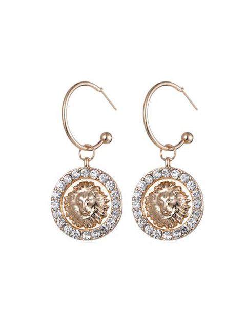 Round Lion Head Rhinestone Drop Earrings