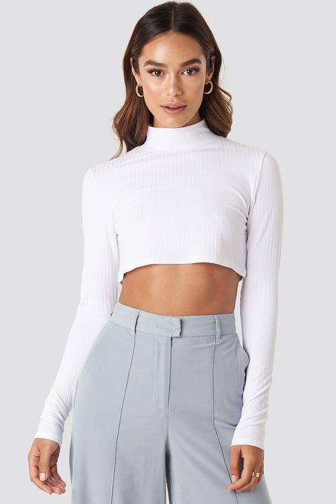 Wide Rib Polo Neck Long Sleeve Cropped Top Weiß