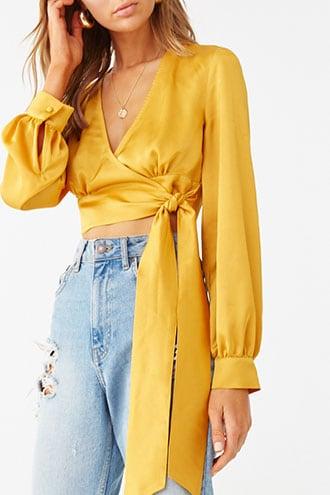 Forever 21 Satin Surplice Self-tie Top , Mustard