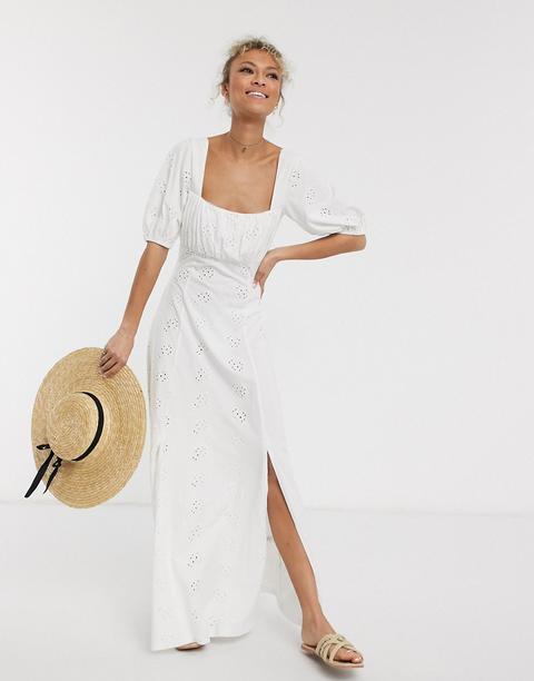 Asos Design Square Neck Broderie Prairie Maxi Dress In White