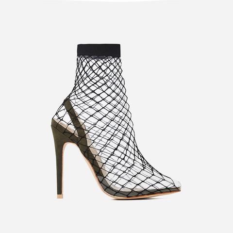 Juan Fishnet Perspex Heel In Khaki Faux Suede, Green