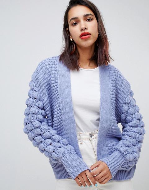 River Island - Cardigan Blu Con Pompon Sulle Maniche - Blu