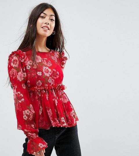 Blusa Amplia Con Estampado Floral Rojo Y Volantes De Asos Tall