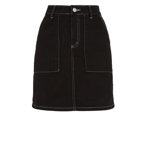 black denim skirt with white stitching