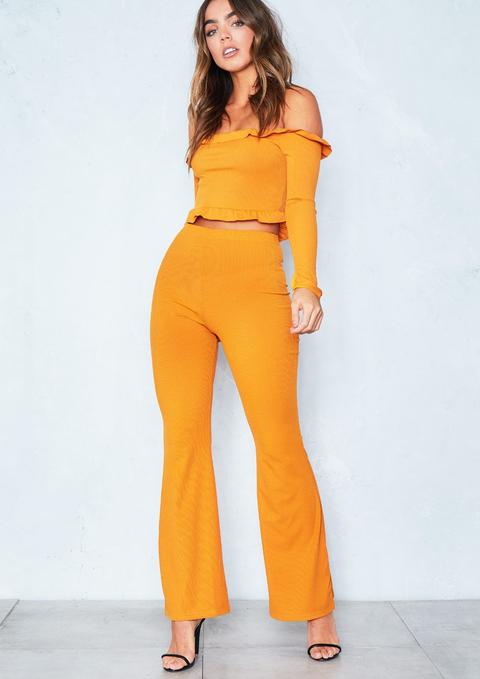 Livvy Mustard Ribbed Bardot Frill Trouser Co Ord