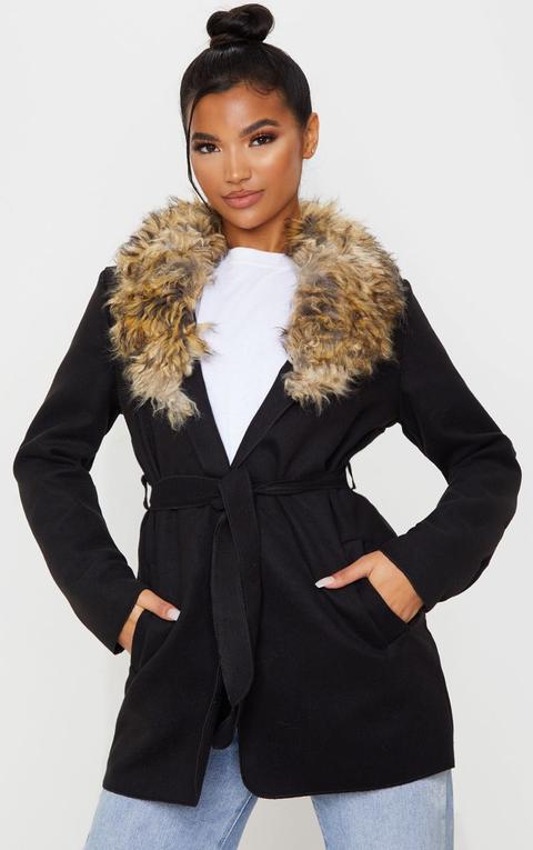 Lydia Black Faux Fur Trimmed Belted Coat