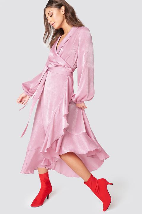 Na-kd Party Wrap Over Satin Frill Dress - Pink