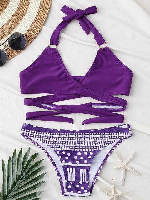 Halter Geometric Print Wrap Bikini Set