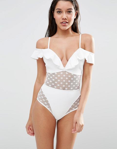 Bañador Con Escote Corazón Con Volante Y Aplicación De Malla De Lunares De Asos