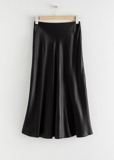 Bias Cut Satin Midi Skirt - Black