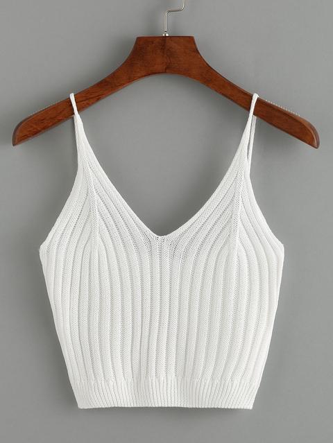 Ribbed Knit Crop Cami Top - White