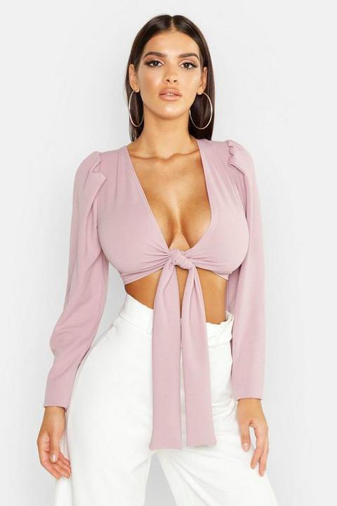 Womens Puff Sleeve Tie Front Crop - Purple - 8, Purple