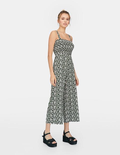 Geraffter Jumpsuit Mit Trägern Und Print Schwarz