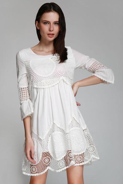 Hollow White 3/4 Sleeve Dress
