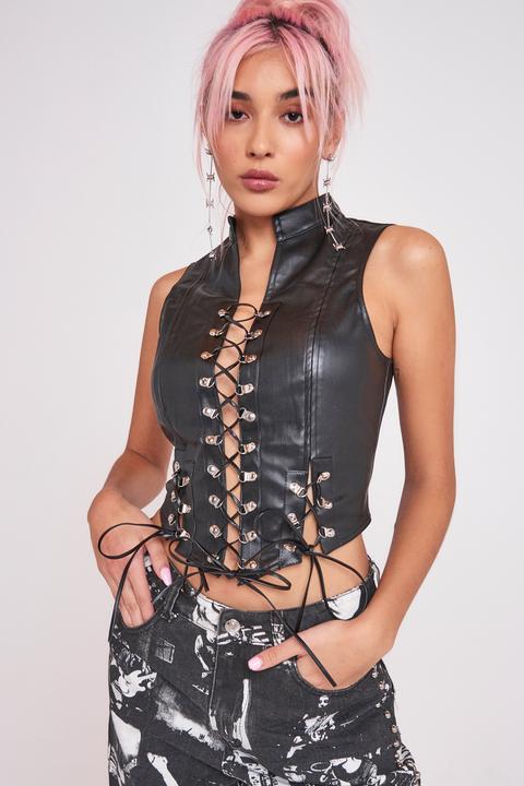 Black Vegan Leather Corset Top from Jaded London on 21 Buttons