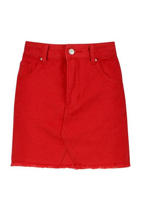 womens red denim skirt