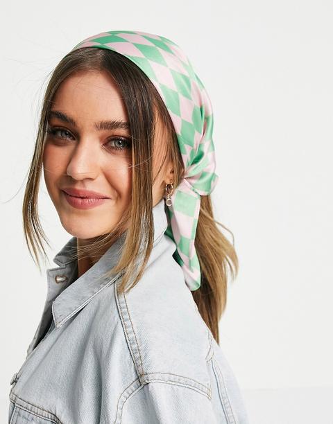 Asos Design Polysatin Medium Headscarf In Checkered Print-multi