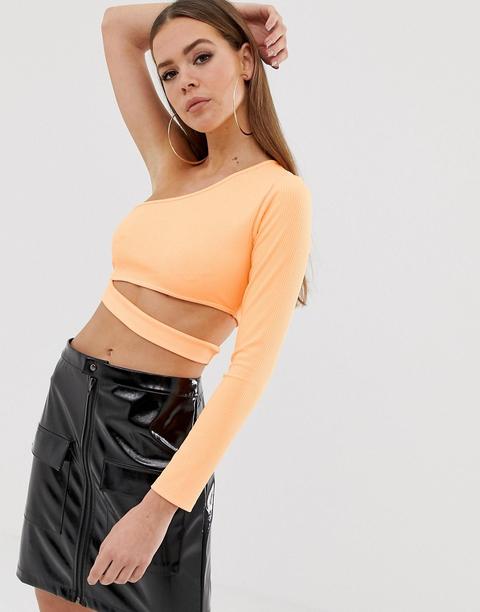 Asos Design - Top A Coste Monospalla Con Manica Lunga E Cut-out Arancione Fluo - Arancione