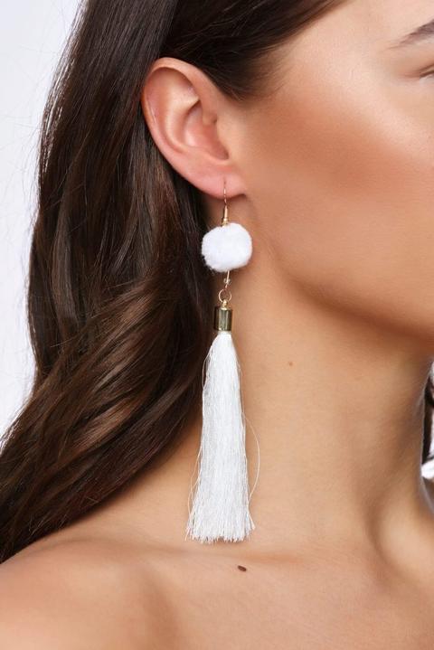 Cream Pom Pom Tassel Earrings