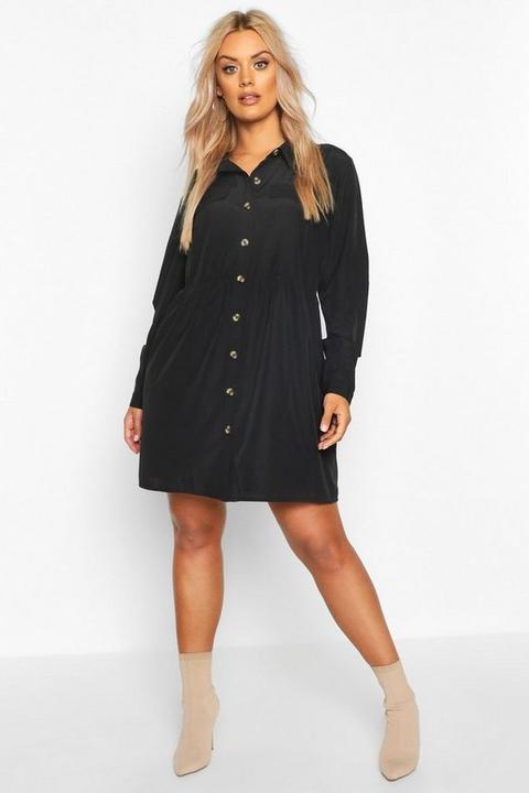 Womens Plus Button Through Smock Shirt Dress - Black - 18, Black