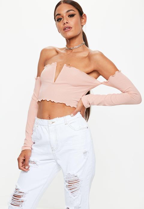 Pink V Bar Lettuce Hem Long Sleeve Crop Top