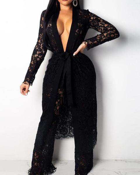 Lace Open Front Long Coat & Wide Leg Pants Sets