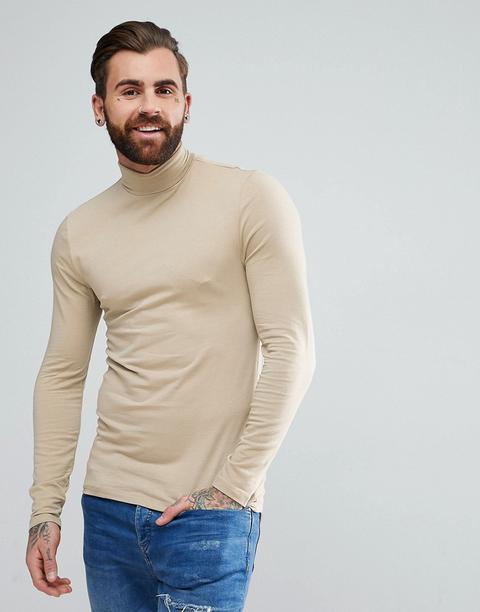 Asos - Maglia Attillata A Maniche Lunghe Con Collo Alto Beige - Beige