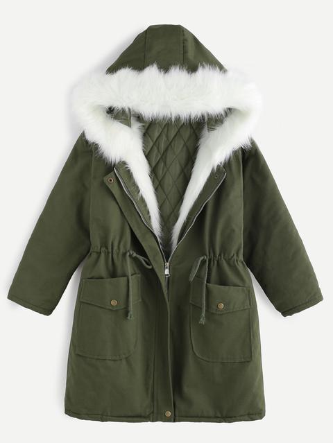 Army Green Drawstring Hooded Parka With Faux Fur