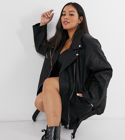 Asos Design Curve Oversized Leather Look Biker Jacket In Black