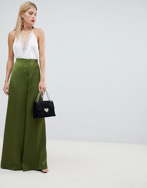 Asos Design Tailored Satin Wide Leg Trousers - Khaki