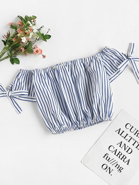 Off Shoulder Bow Tie Sleeve Striped Crop Top