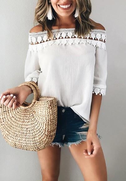 Blusa Encaje Plisado Cuello Barco Codo Manga Casuales Blanco