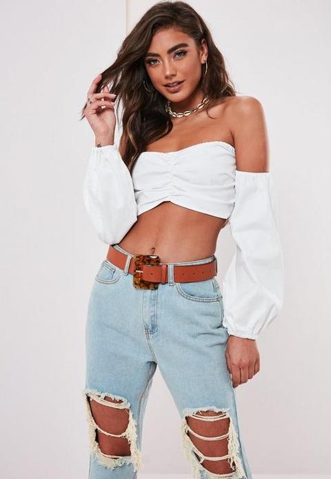 White Bardot Ruched Front Crop Top, White