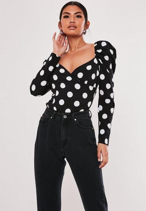 Black Polka Dot Milkmaid Wrap Bodysuit, Black