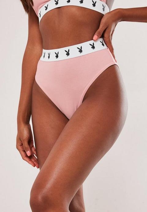 Playboy X Missguided Pink Playboy Taped High Waisted Knickers, Pink