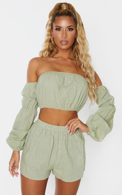 Pale Khaki Linen Look Bardot Puff Sleeve Beach Top