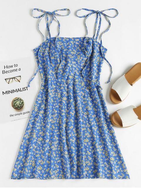 Zaful Mini Vestido De Sol Floral Con Tirante Fino Con Lazo Blueberry Blue Pink Rose