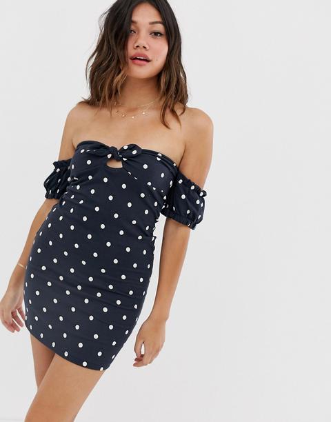 Asos Design - Vestito Estivo Stropicciato A Pois Con Spalle Scoperte E Maniche A Sbuffo - Multicolore