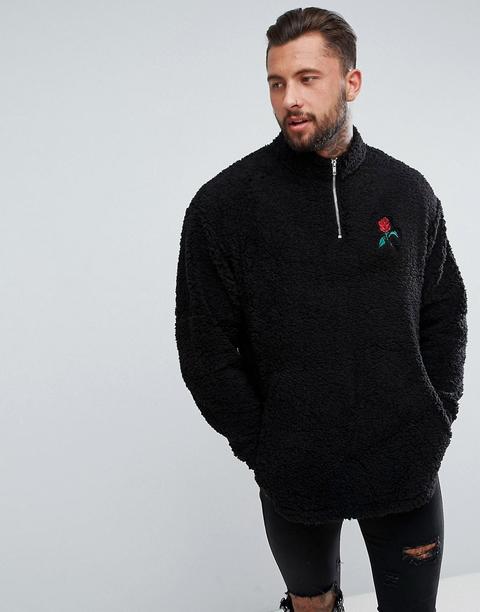 Sudadera Extragrande De Borreguito Con Media Cremallera Y Bordado De Rosas De Asos