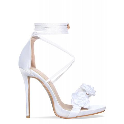 Kaarie White Satin Flower Lace Up Heels