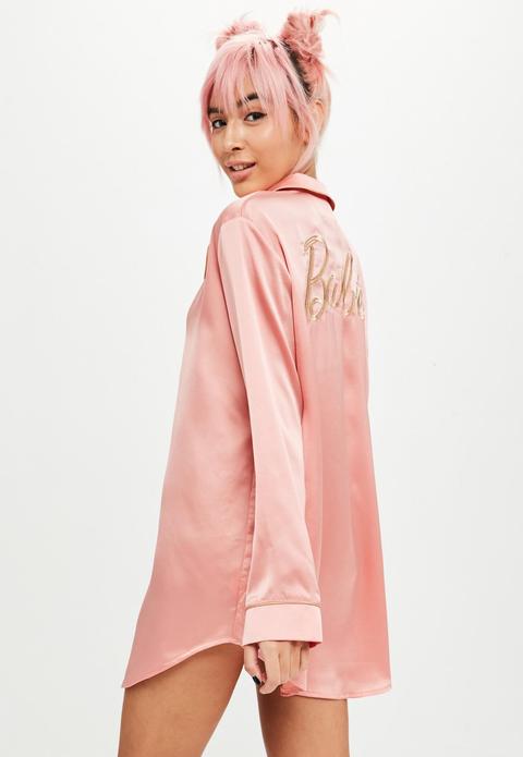 Barbie X Missguided Pink Satin Embroidered Nightshirt, Pink