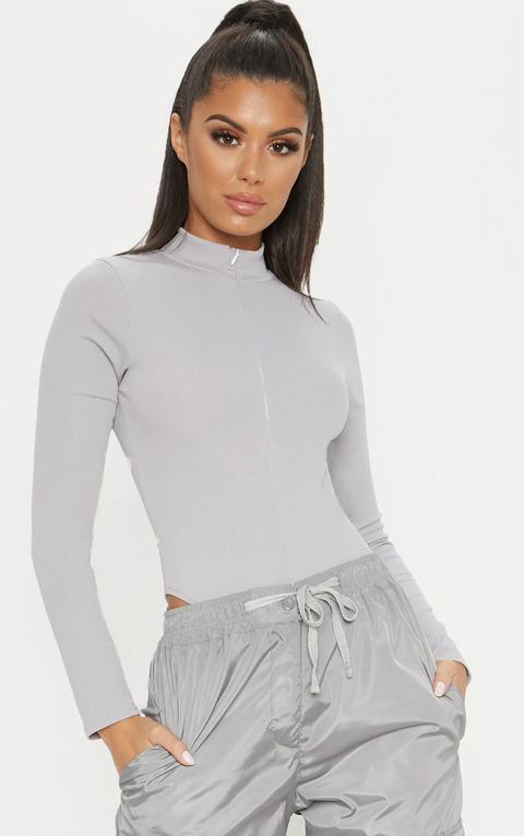 Space Grey Rib Zip Long Sleeve Bodysuit