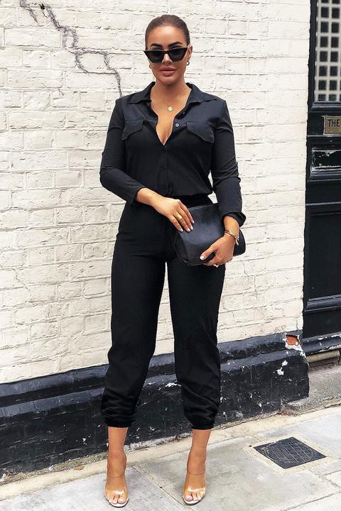 Black Woven Button Down Boiler Jumpsuit - Janise