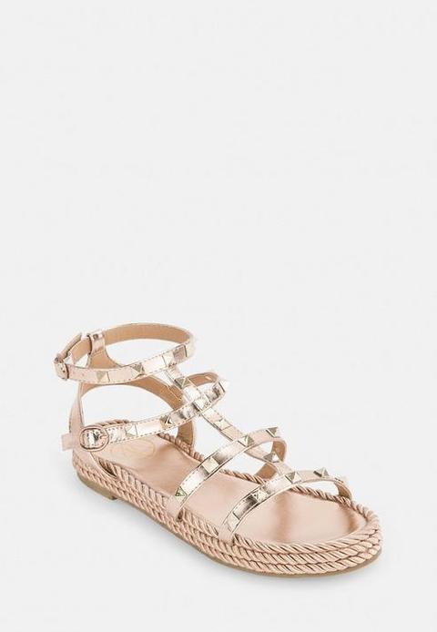 Rose Gold Espadrille Stud Gladiator Sandals, Gold