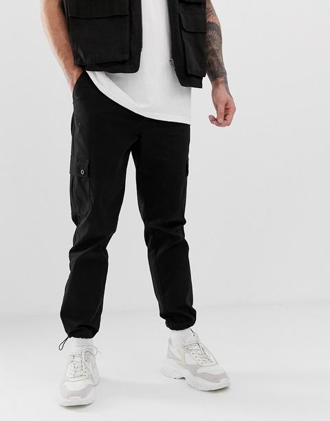 Asos Design Tapered Cargo Trousers In Black With Toggles