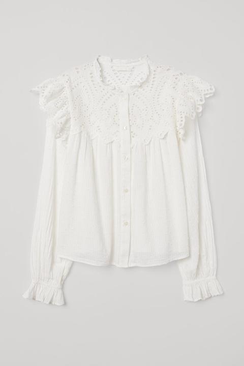 Bluse Mit Broderie Anglaise - White - Damen