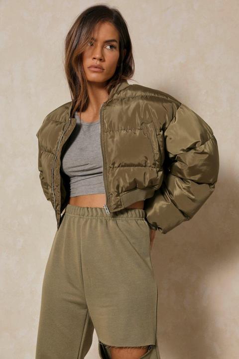 Womens Oversized Cropped Padded Jacket Khaki