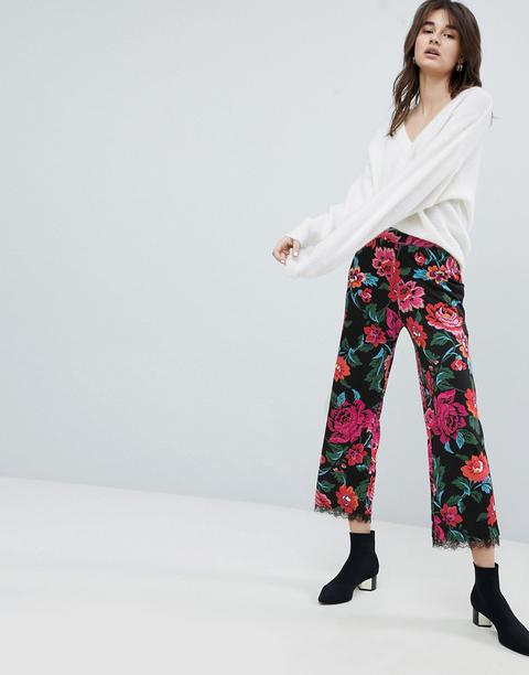 Asos - Pantaloni A Fiori In Jersey Con Fondo In Pizzo - Multicolore