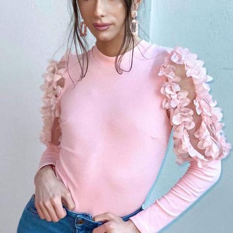 Pink Sheer Frill Detail Sleeve High Neck Rib Knit Top